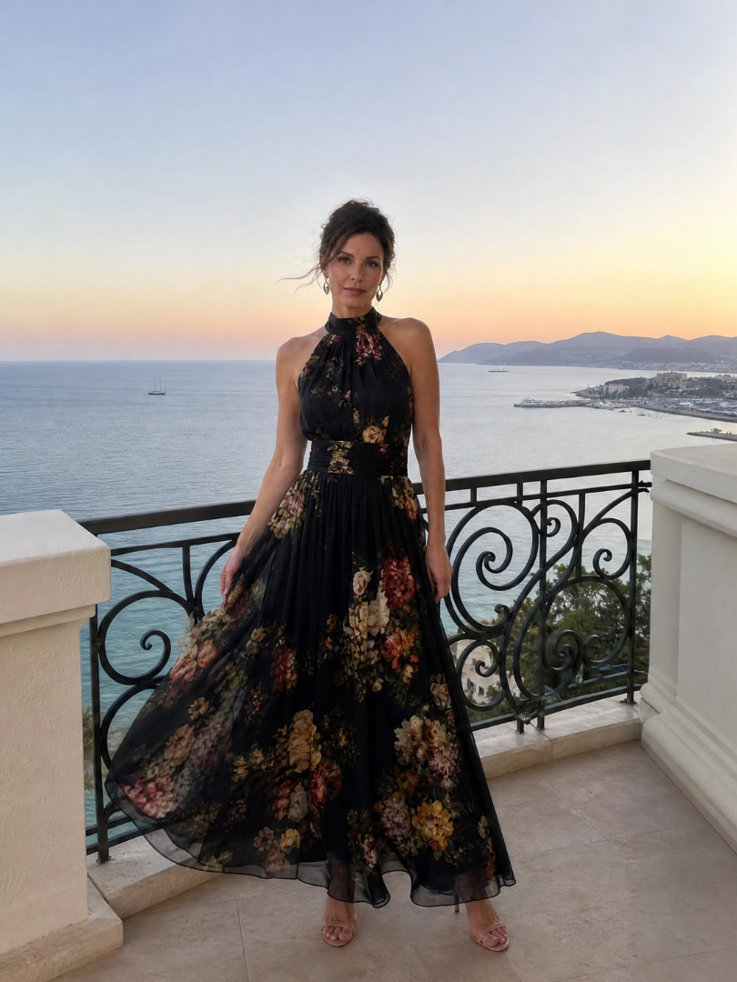 Floral Halter Neck Sleeveless Ruched Waist Maxi Dress 5