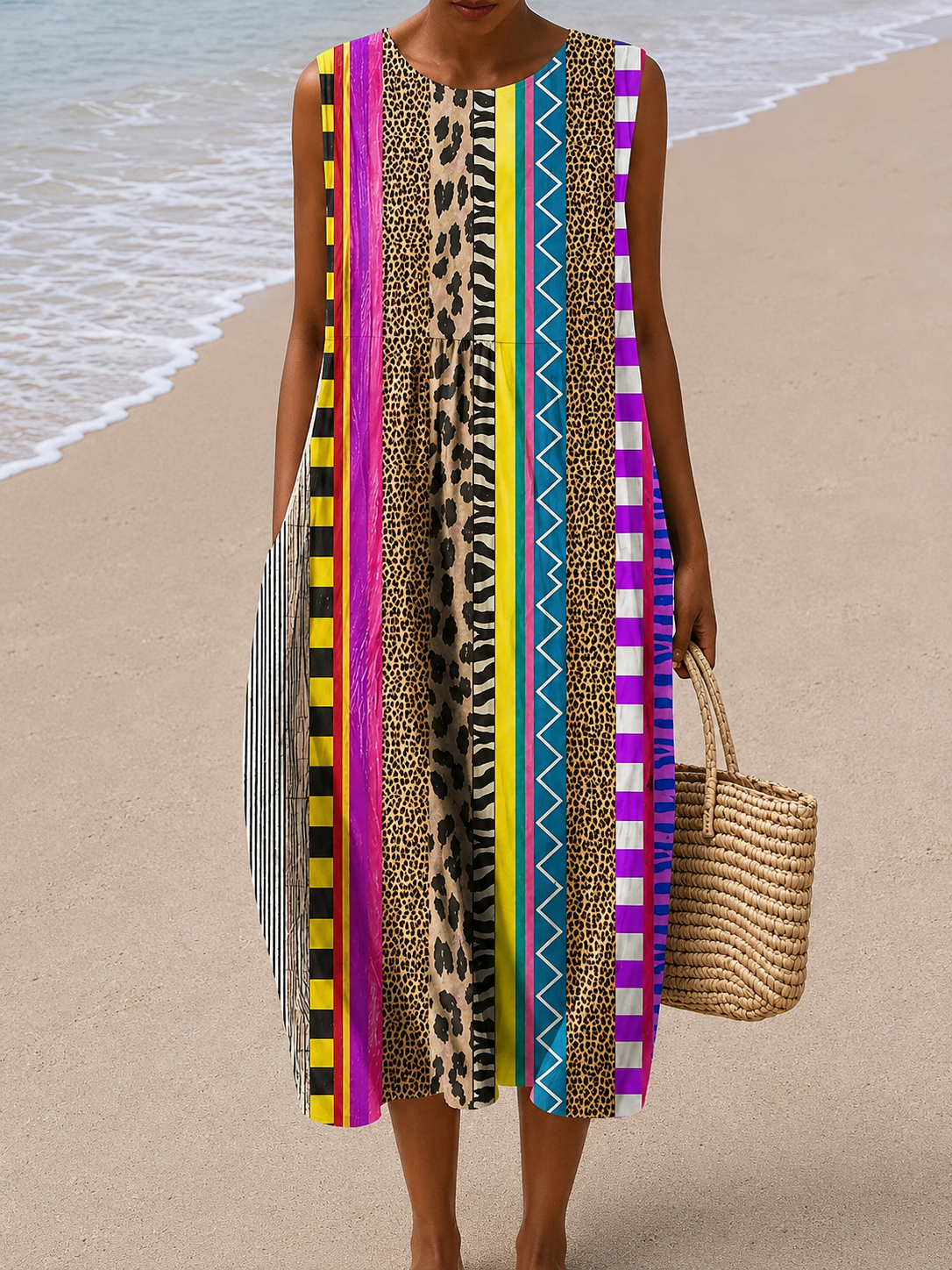Mixed Stripe Leopard Print Sleeveless Midi Dress