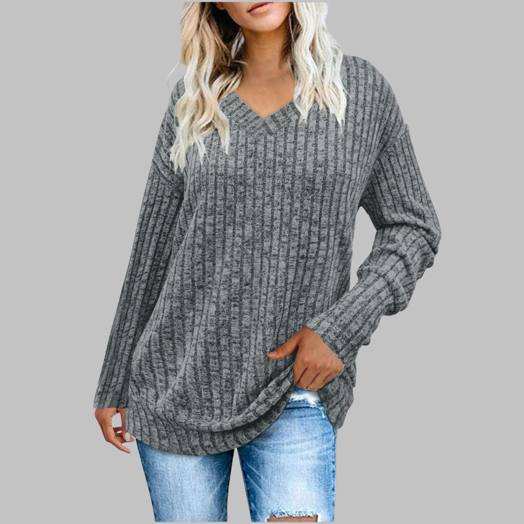 V-Neck Long Sleeve Ribbed Knit Sweater 10