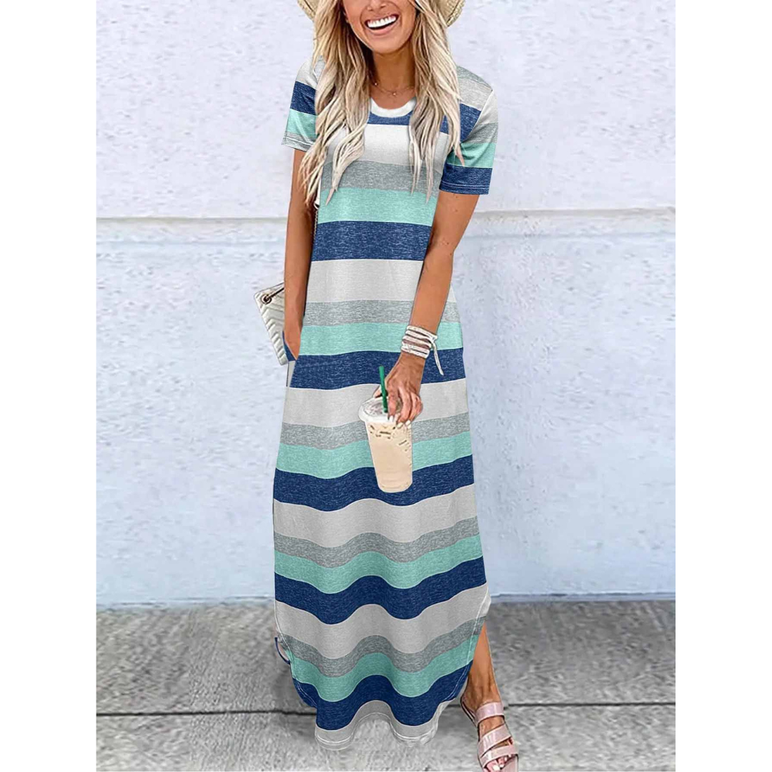 Round Neck Short Sleeve Side Split Maxi Dress 6
