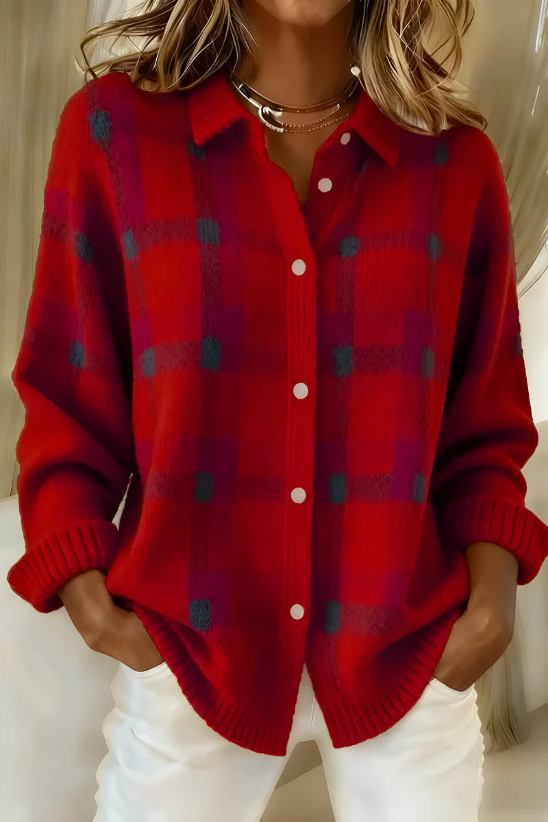 Plaid Collared Button Front Long Sleeve Knit Cardigan 4