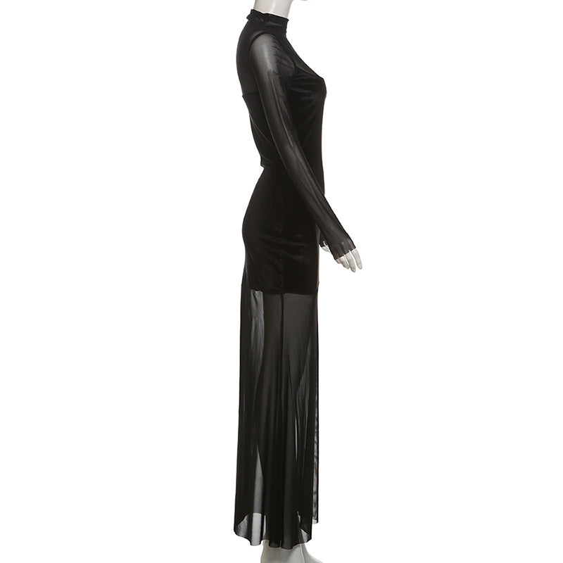 Velvet Crush Mesh Panel Mock Neck Long Sleeve Maxi Gown - View 6
