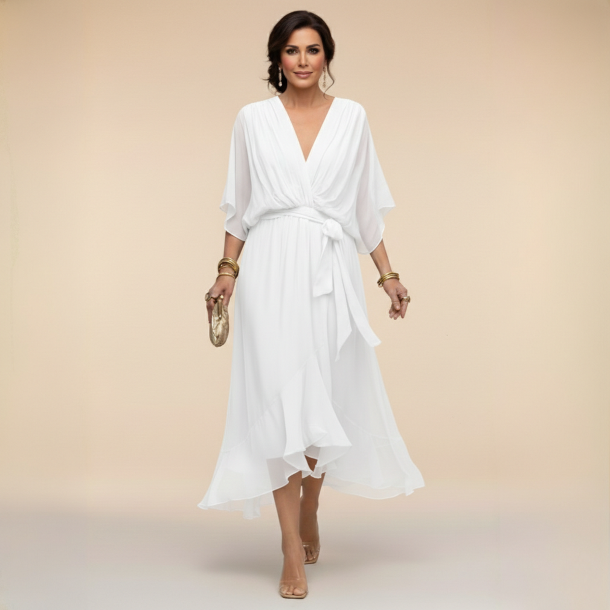 V-Neck Kimono Sleeve Belted Ruffle High Low Midi Dress 8