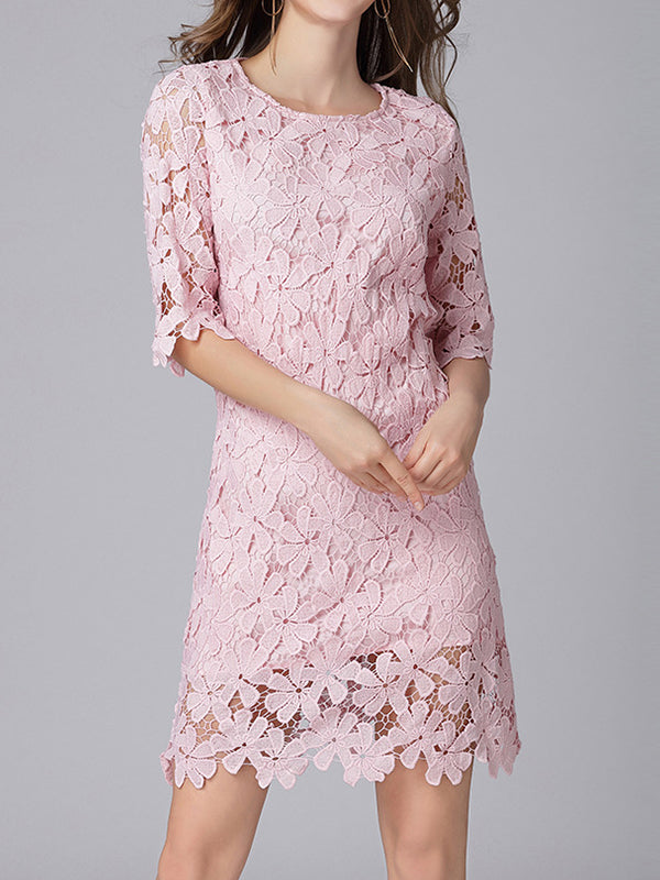 Floral Lace Round Neck Elbow Sleeve Scalloped Hem Shift Mini Dress - View 5