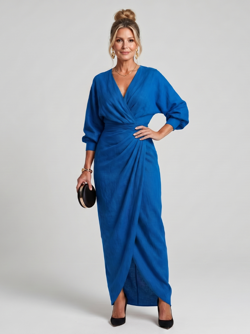 Wrap V-Neck Long Sleeve Ruched Draped Maxi Dress 5