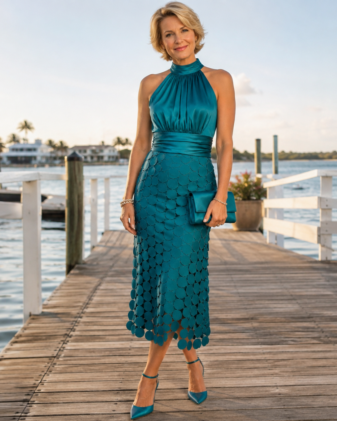 Halter Neck Sleeveless Laser Cut Disc Midi Dress 3