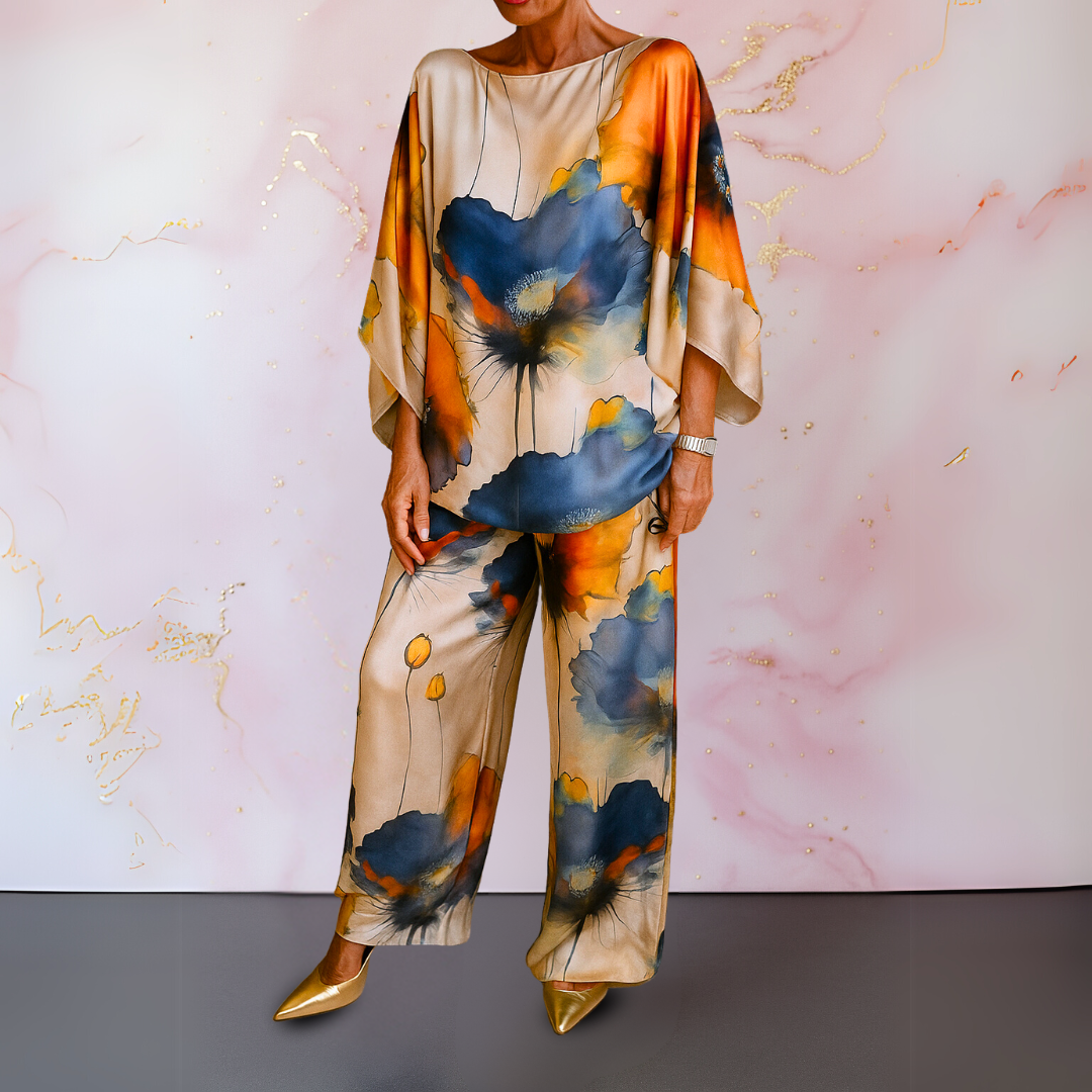 Floral Print Boat Neck Batwing Top and Wide Leg Pants Two Piece Set 2