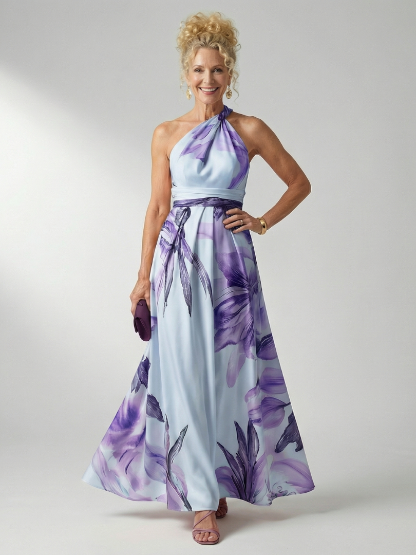 One Shoulder Floral Belted Satin Maxi Dress 5