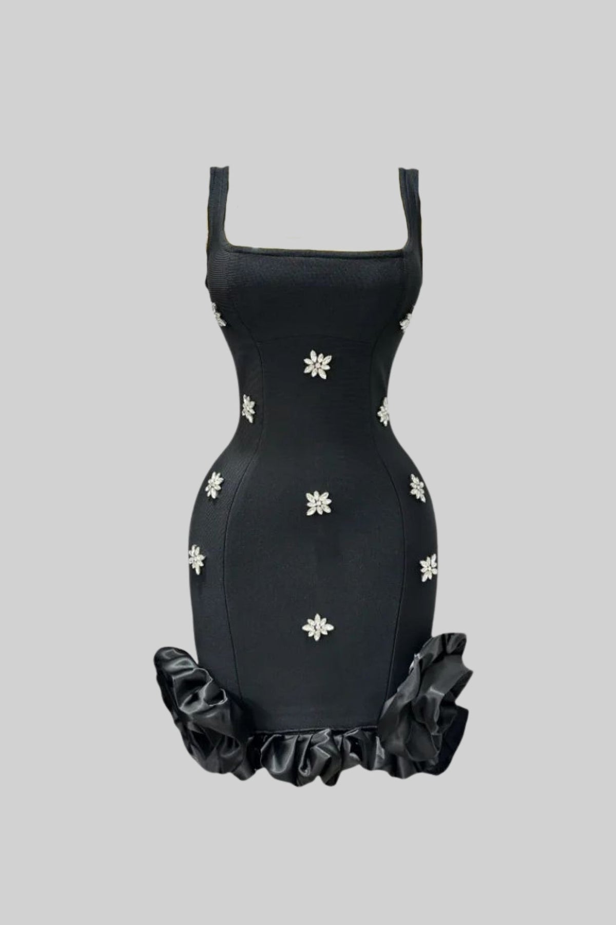 Embellished Bodycon Mini Dress With Crystal Flowers – Black - View 2