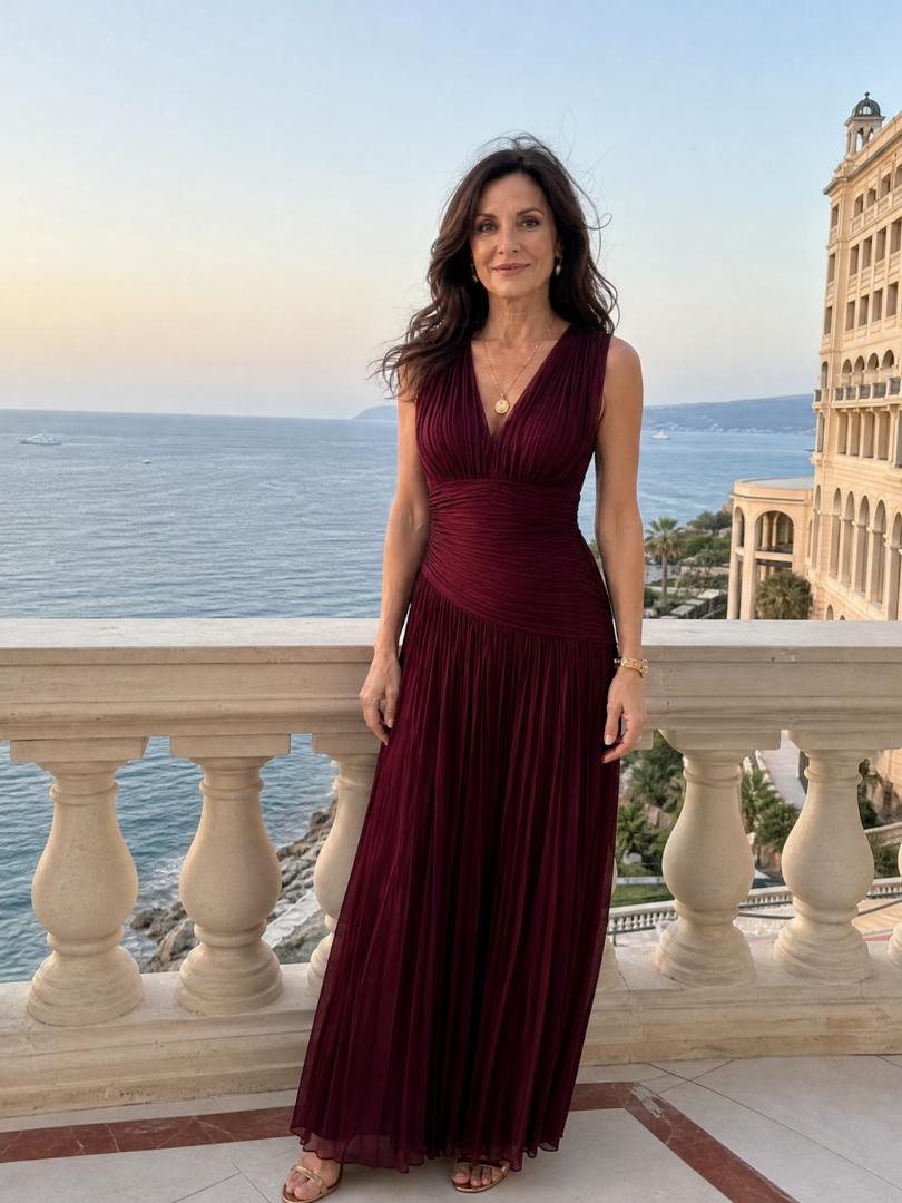 Pleated V-Neck Sleeveless Ruched Waist Maxi Gown 6