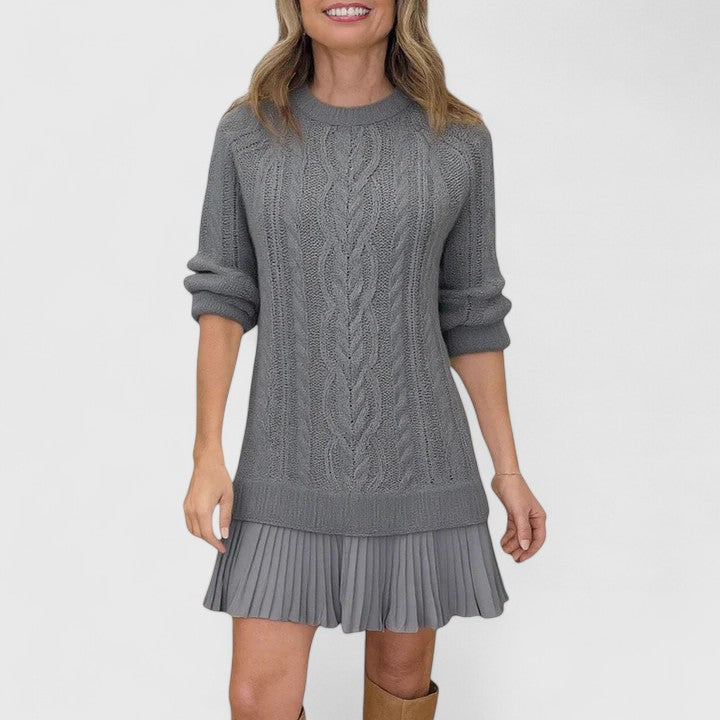 Crew Neck Long Sleeve Cable Knit Pleated Hem Sweater Dress 6