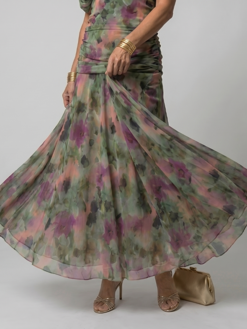 Floral Off Shoulder Ruched Chiffon Maxi Dress 12
