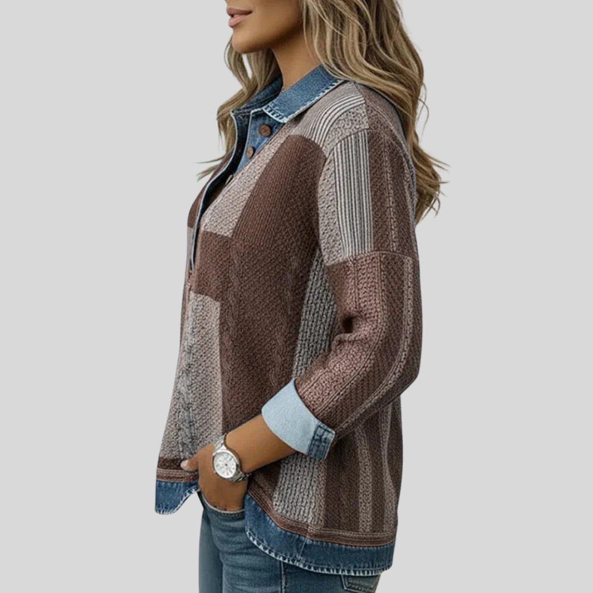 Patchwork Plaid Collared Quarter Button Long Sleeve Knit Pullover 6