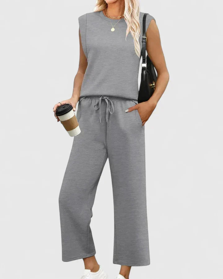Sleeveless Round Neck Top and Drawstring Wide Leg Pants Two Piece Set 4