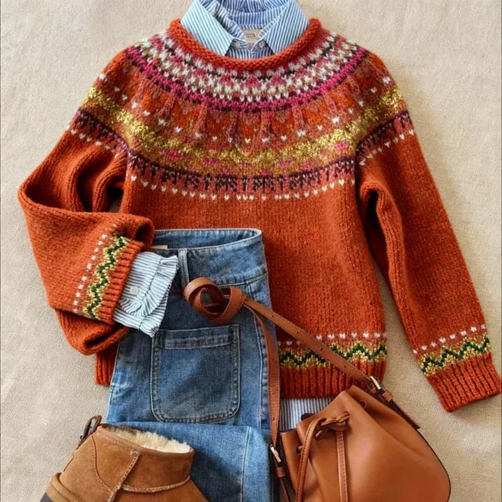 Fair Isle Crew Neck Long Sleeve Knit Sweater