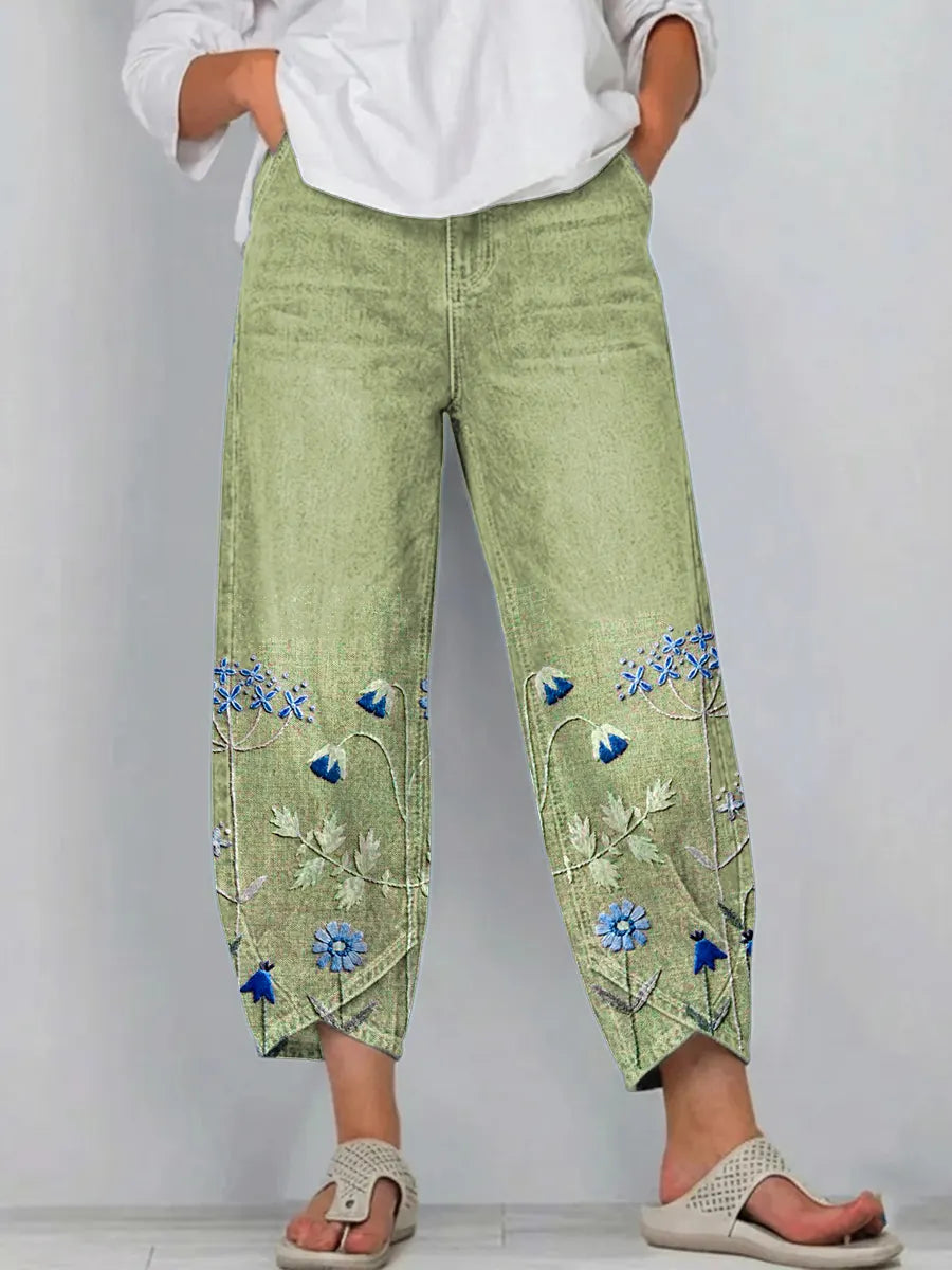 Floral Embroidered Wide Leg Cropped Denim Trousers 5
