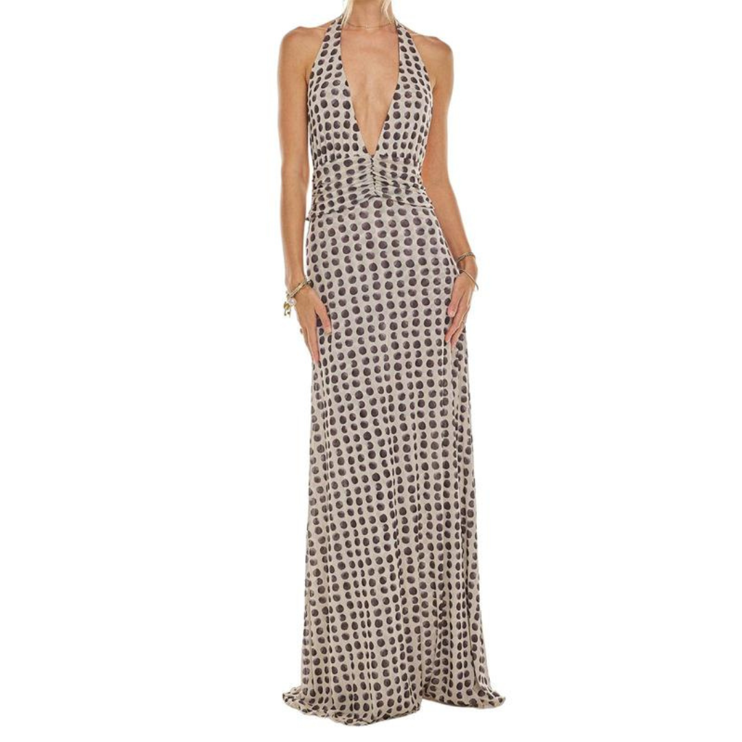Floral Halter Neck Deep V-Neck Ruched Maxi Dress 6