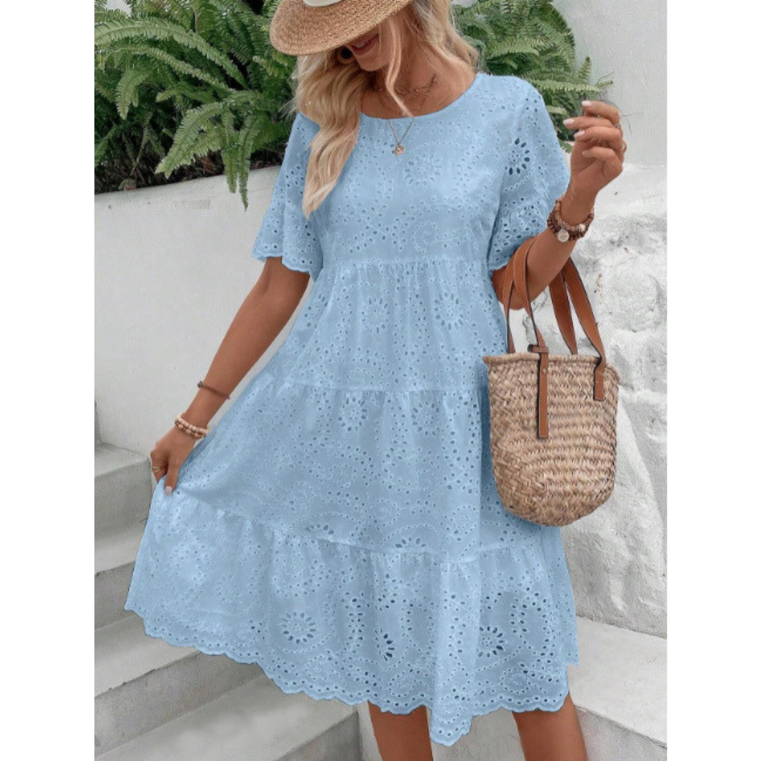 Broderie Eyelet Round Neck Flutter Sleeve Tiered Mini Dress 6