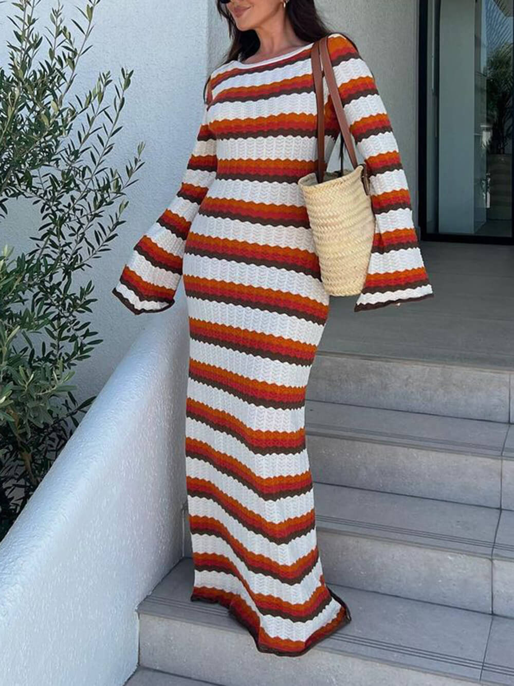 Crochet Zigzag Stripe Long Sleeve Bell Sleeve Maxi Dress - View 6