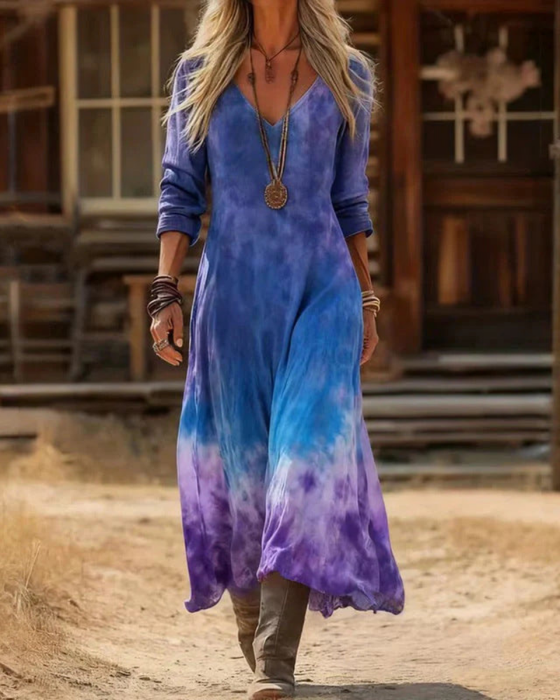 Embroidered V-Neck Long Sleeve A-Line Maxi Dress 6