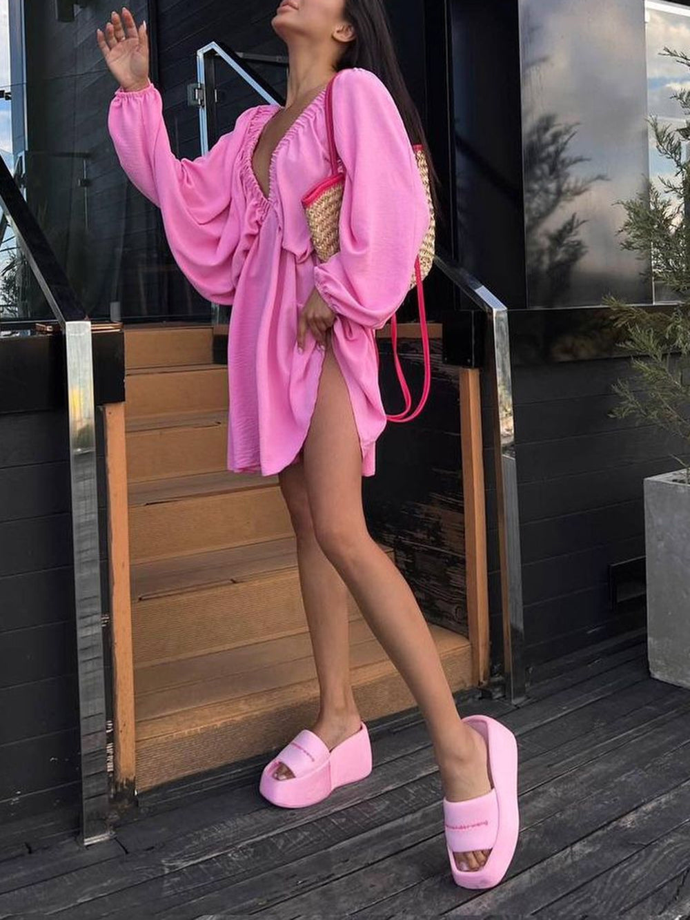 Deep V-Neck Balloon Sleeve Ruched Babydoll Mini Dress 14