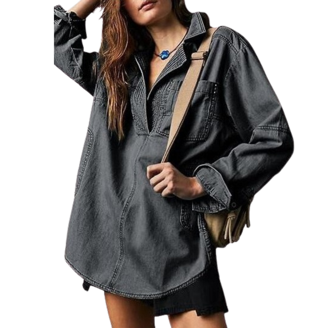 Collared Button Front Long Sleeve Oversized Denim Shirt 6