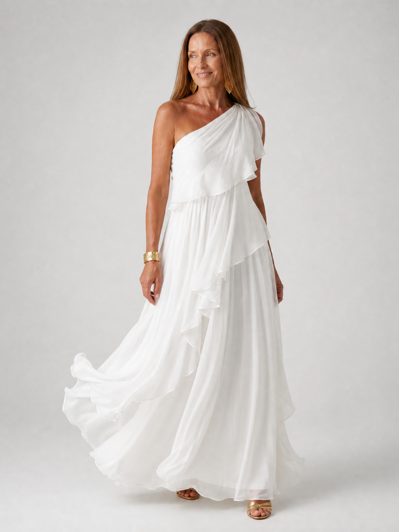 One Shoulder Ruffle Tiered Chiffon Maxi Gown 3
