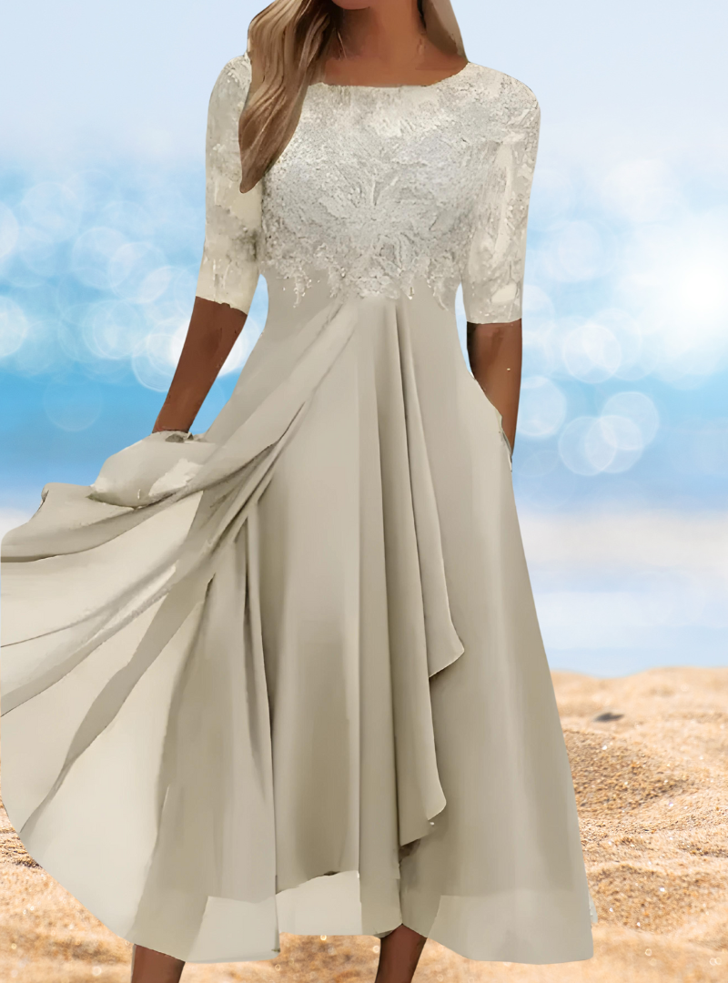 Lace Illusion Neck Elbow Sleeve Bodice Pocket A-Line Midi Dress - View 4