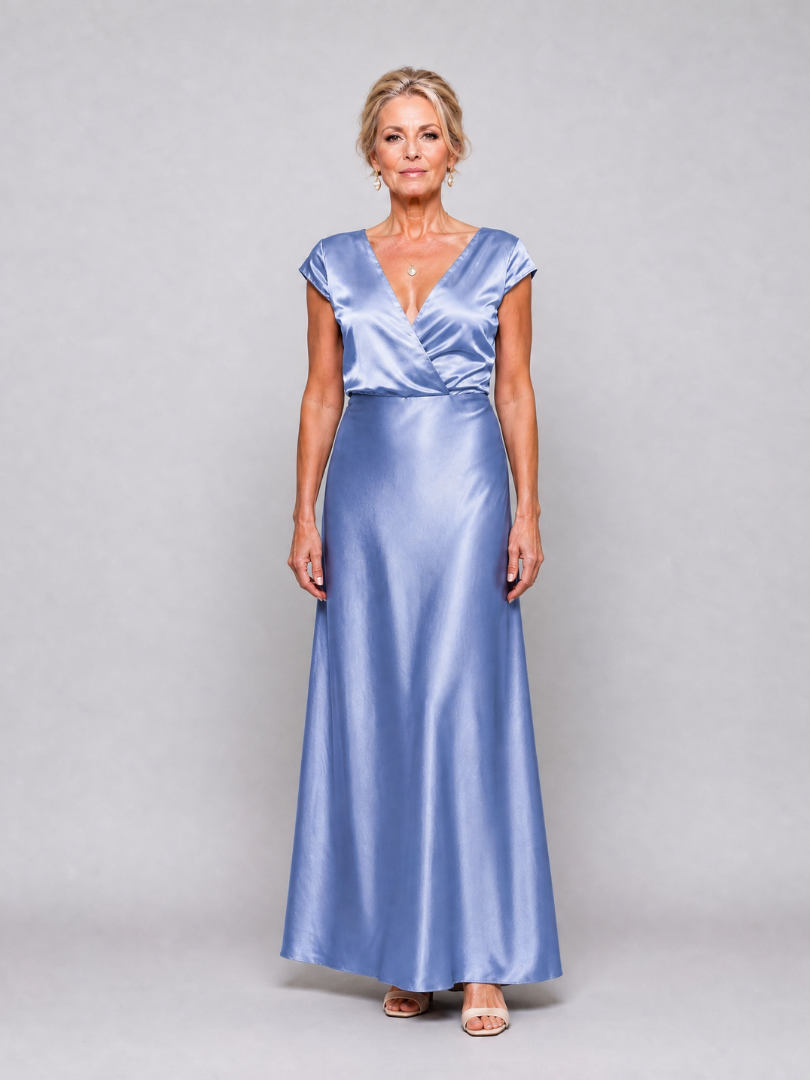 Satin Surplice V-Neck Cap Sleeve Maxi Gown 6