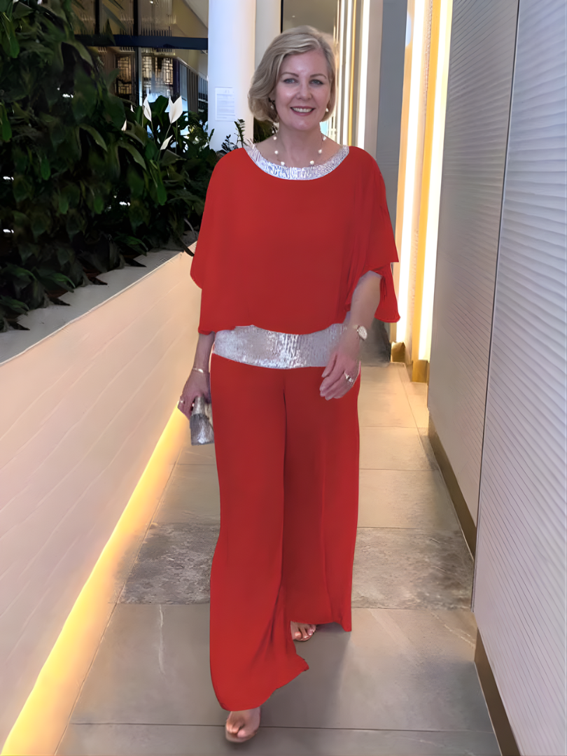 Sequin Trim Cape Sleeve Top and Wide Leg Pants Two Piece Set 6