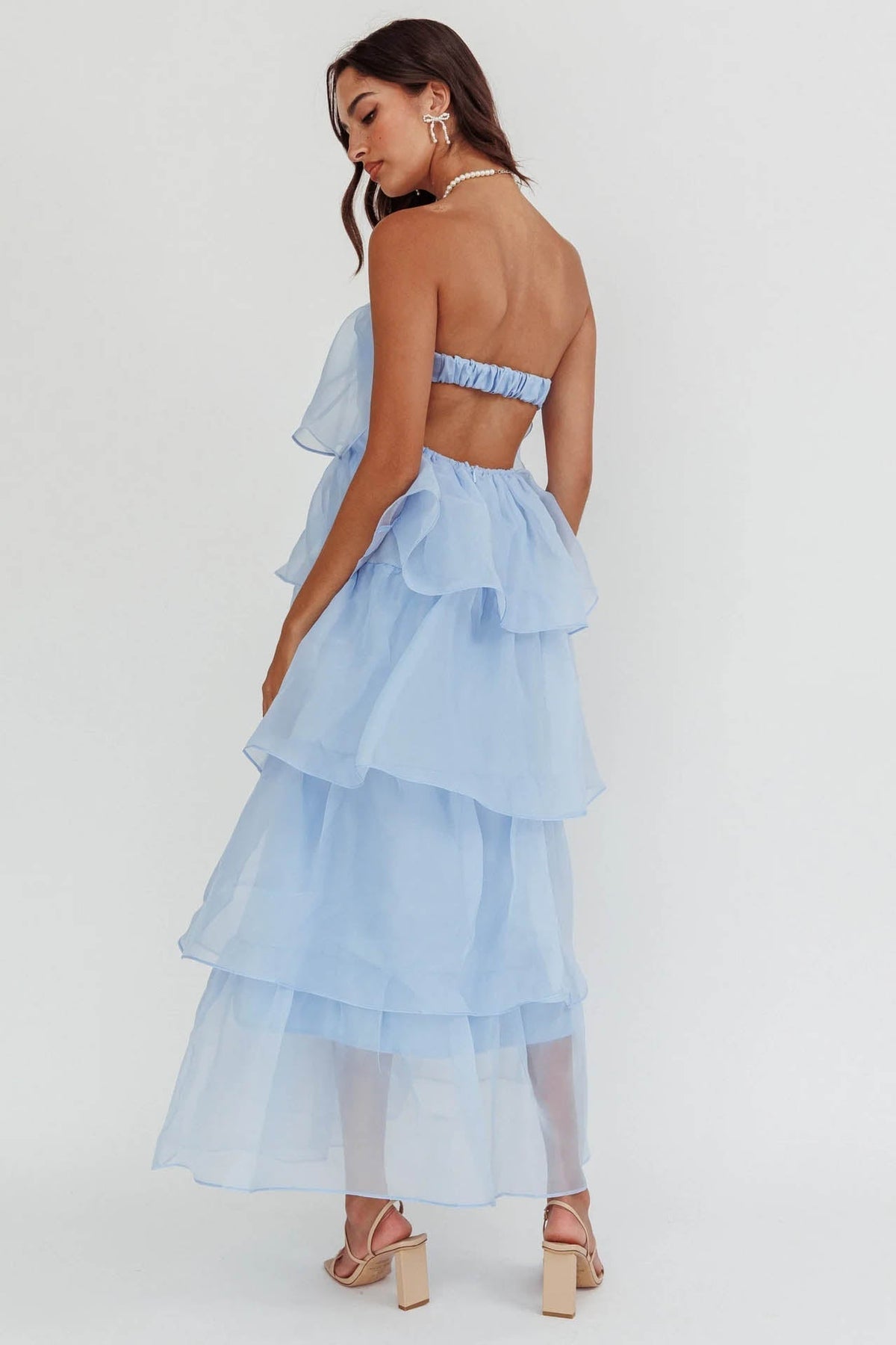 Strapless Backless Tiered Ruffle Organza Maxi Dress