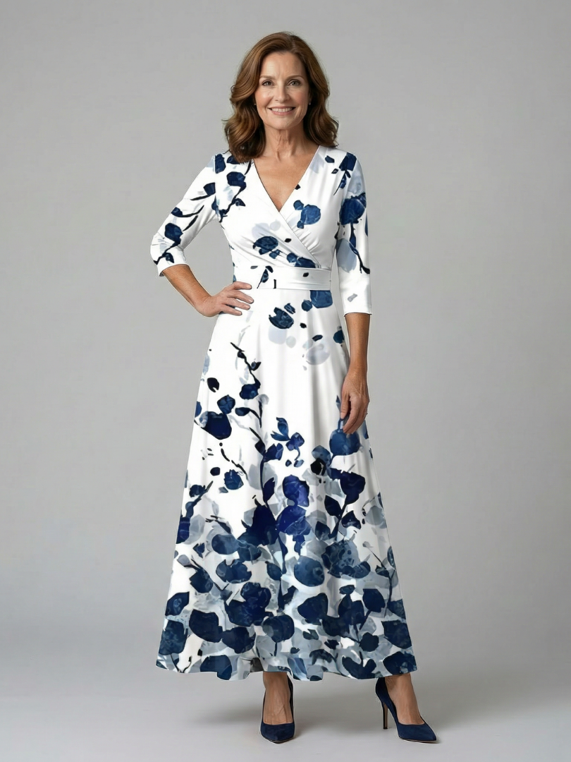 Floral V-Neck Wrap Three Quarter Sleeve Satin Maxi Dress 5
