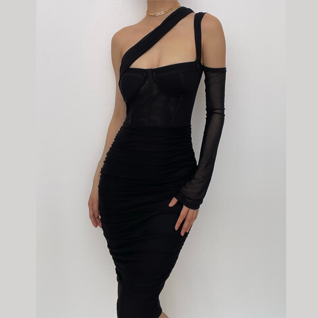 Irregular one shoulder ruched sheer mesh dress - Final Sale - View 2