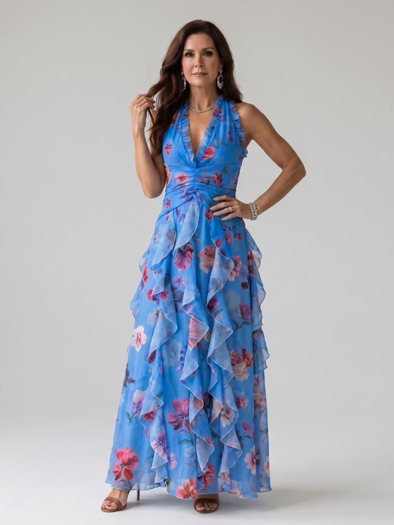 Halter Neck Ruffle Floral Maxi Dress 5