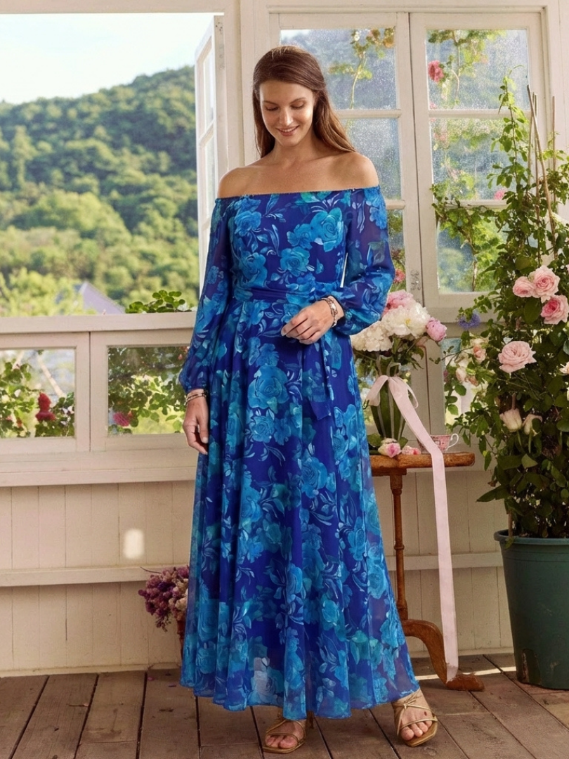 Floral Off Shoulder Long Sleeve Belted Maxi Dress 6