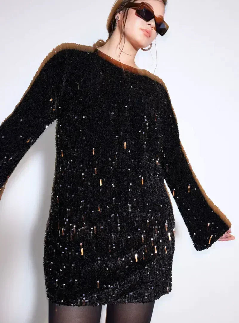 Sequin Boat Neck Long Sleeve Bell Cuff A-Line Mini Cocktail Dress - View 7