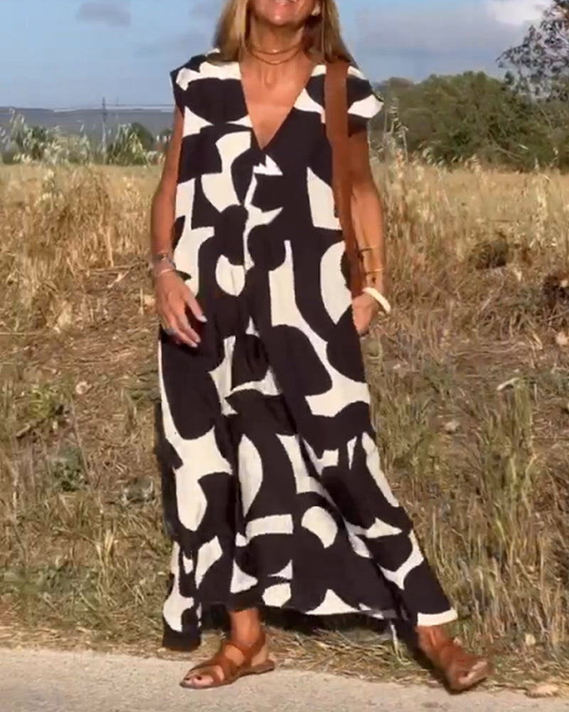 Abstract Print V-Neck Cap Sleeve Oversized Maxi Dress 6