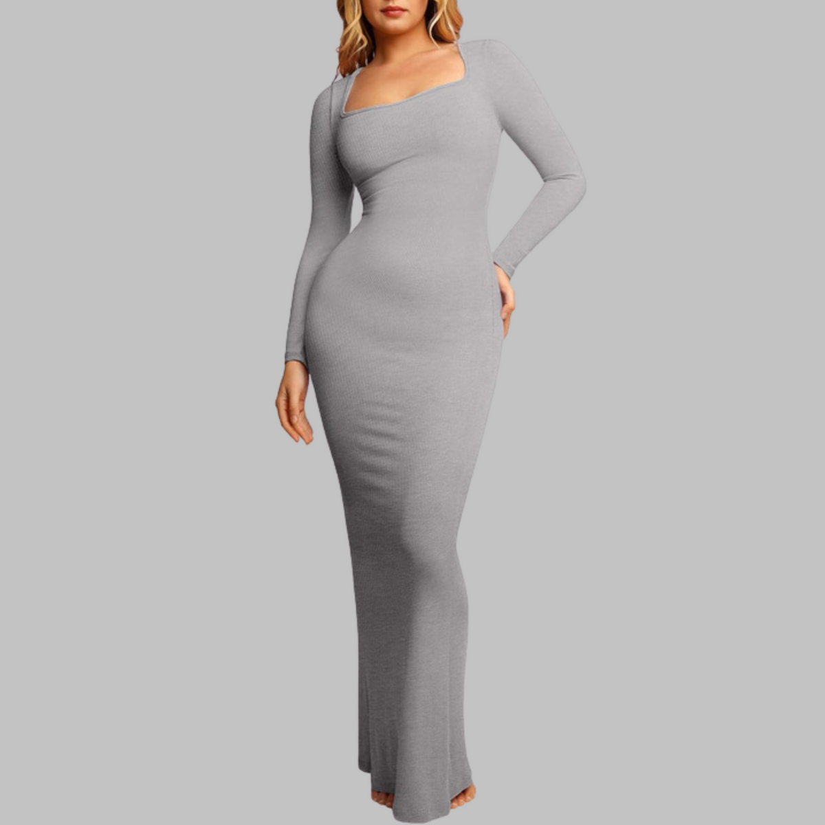 Ribbed Knit Square Neck Long Sleeve Bodycon Maxi Dress 4