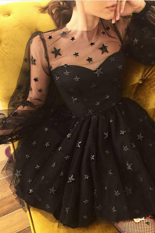 Tulle Star Print Puff Sleeve Mesh Overlay Sweetheart Mini Dress - View 2