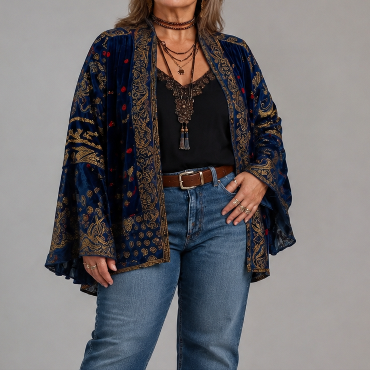 Paisley Print Velvet Open Front Kimono Jacket 2