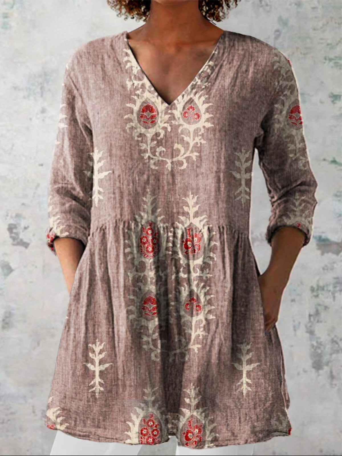 Damask Print V-Neck Long Sleeve Peplum Tunic Top 5