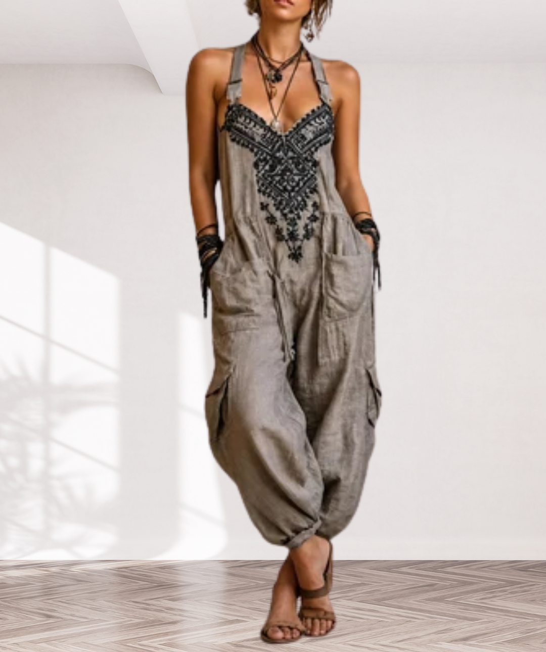 Embroidered Halter Cargo Pocket Wide Leg Jumpsuit 2