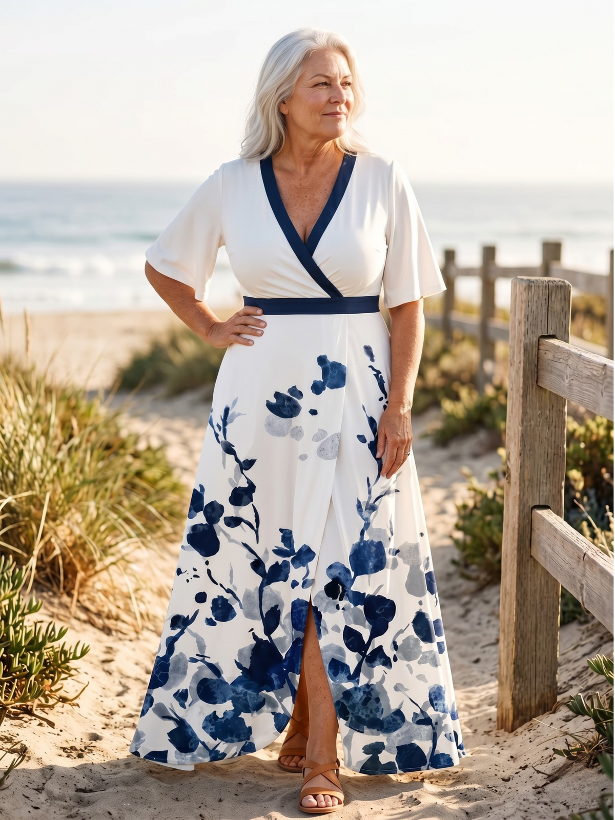 Floral Print V-Neck Striped Waist Half Sleeve Maxi Dress 2