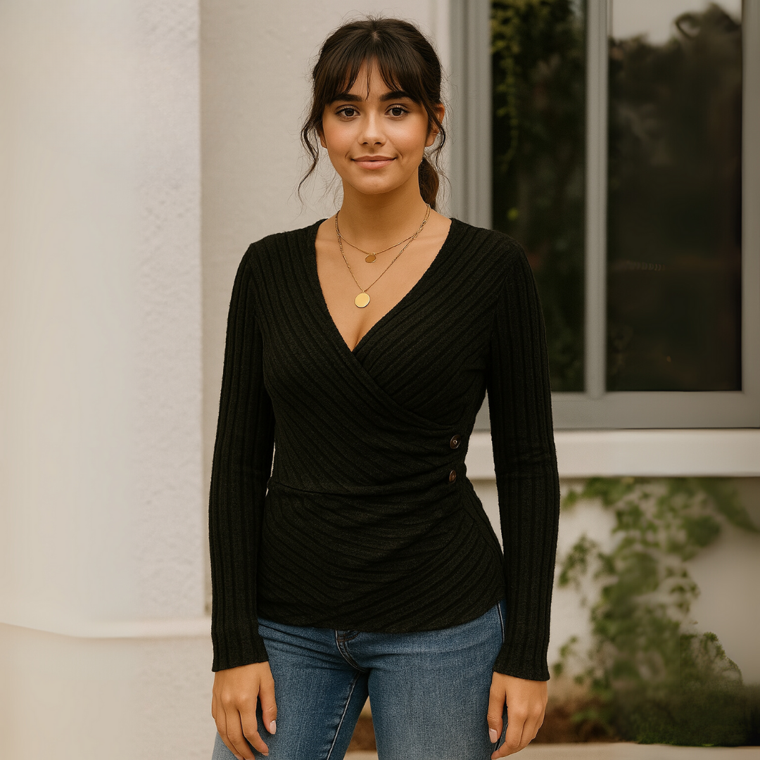 Ribbed Knit Wrap V-Neck Long Sleeve Ruched Top 6
