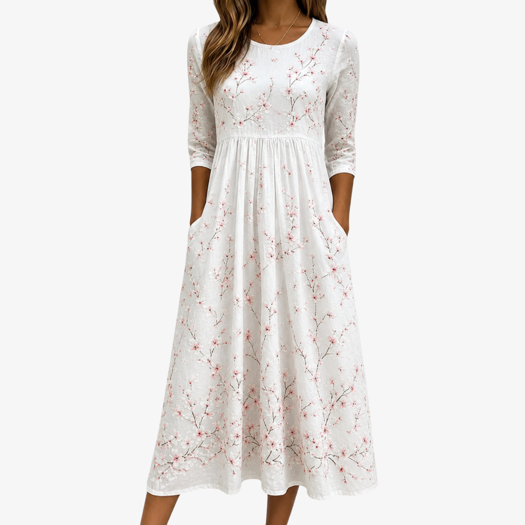 Cherry Blossom Floral Round Neck Pocket A-Line Midi Dress