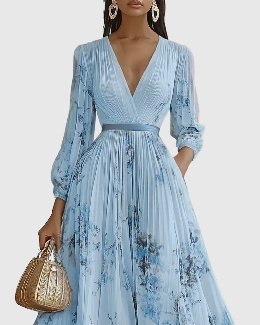 V-Neck Sleeveless Belted Floral Pleated Maxi Dress 7