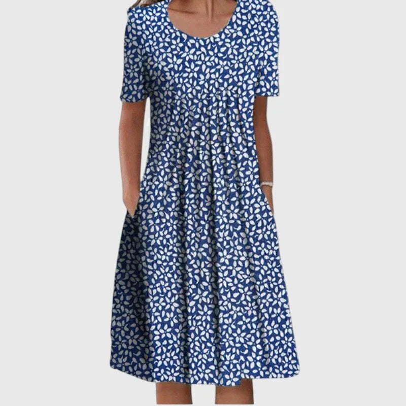 Floral Print Round Neck Short Sleeve Pocket Midi Dress 3