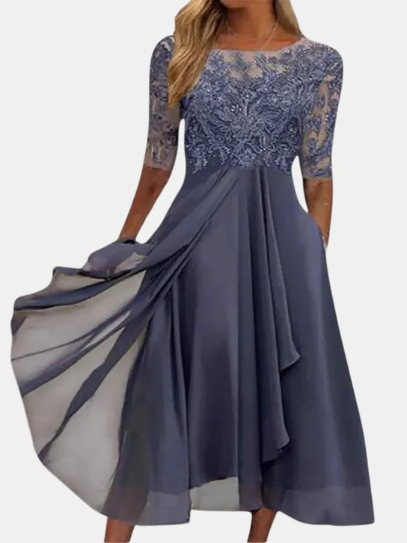 Lace Bodice Illusion Neckline 3/4 Sleeve Chiffon A-Line Tea Length Dress 6