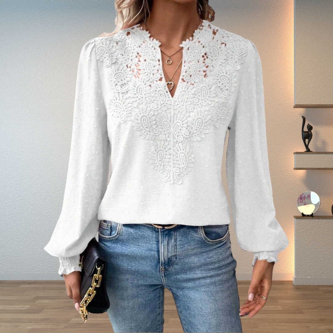 Lace Applique V-Neck Long Sleeve Swiss Dot Blouse 3