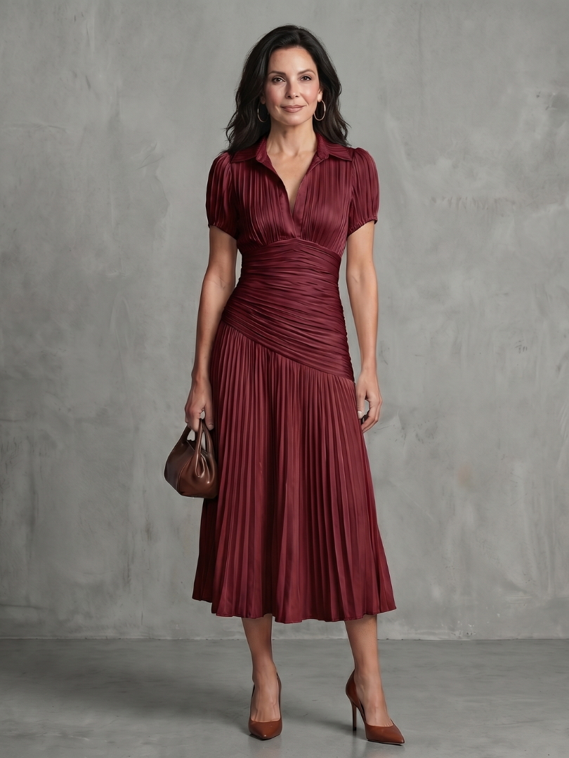 Striped Collared Short Sleeve Ruched Pleated Midi Dress 5